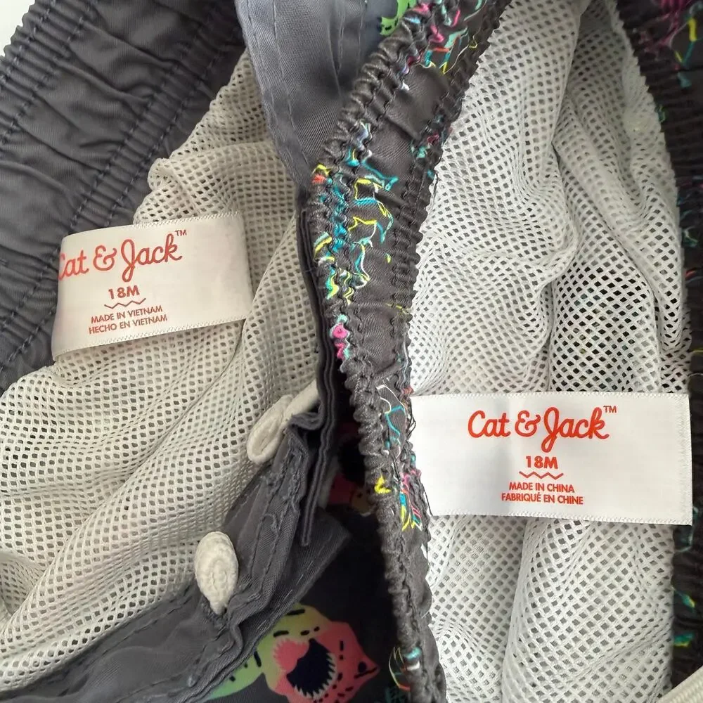 2x Cat & Jack rainbow dinosaur print gray swim trunks board shorts with liner